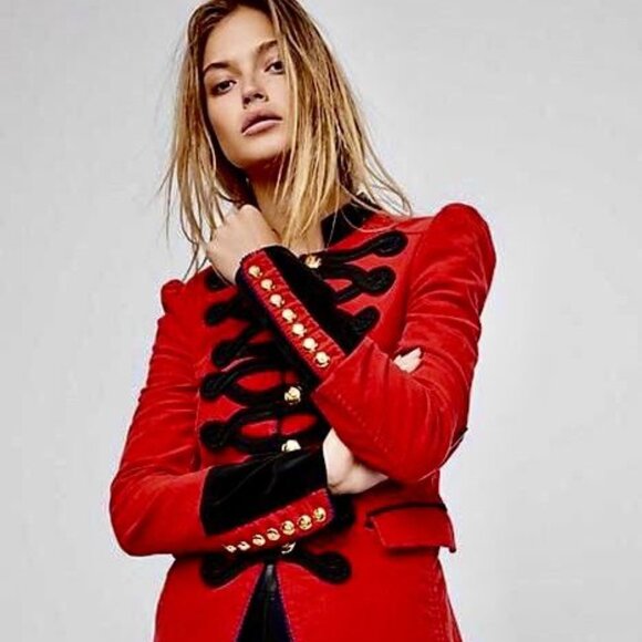Free people blazer Womens XS Seamed and structured red gold buttons military - Picture 2 of 13